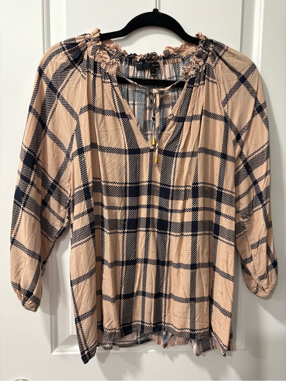Harve Benard Beige and Navy Plaid Peasant Tunic